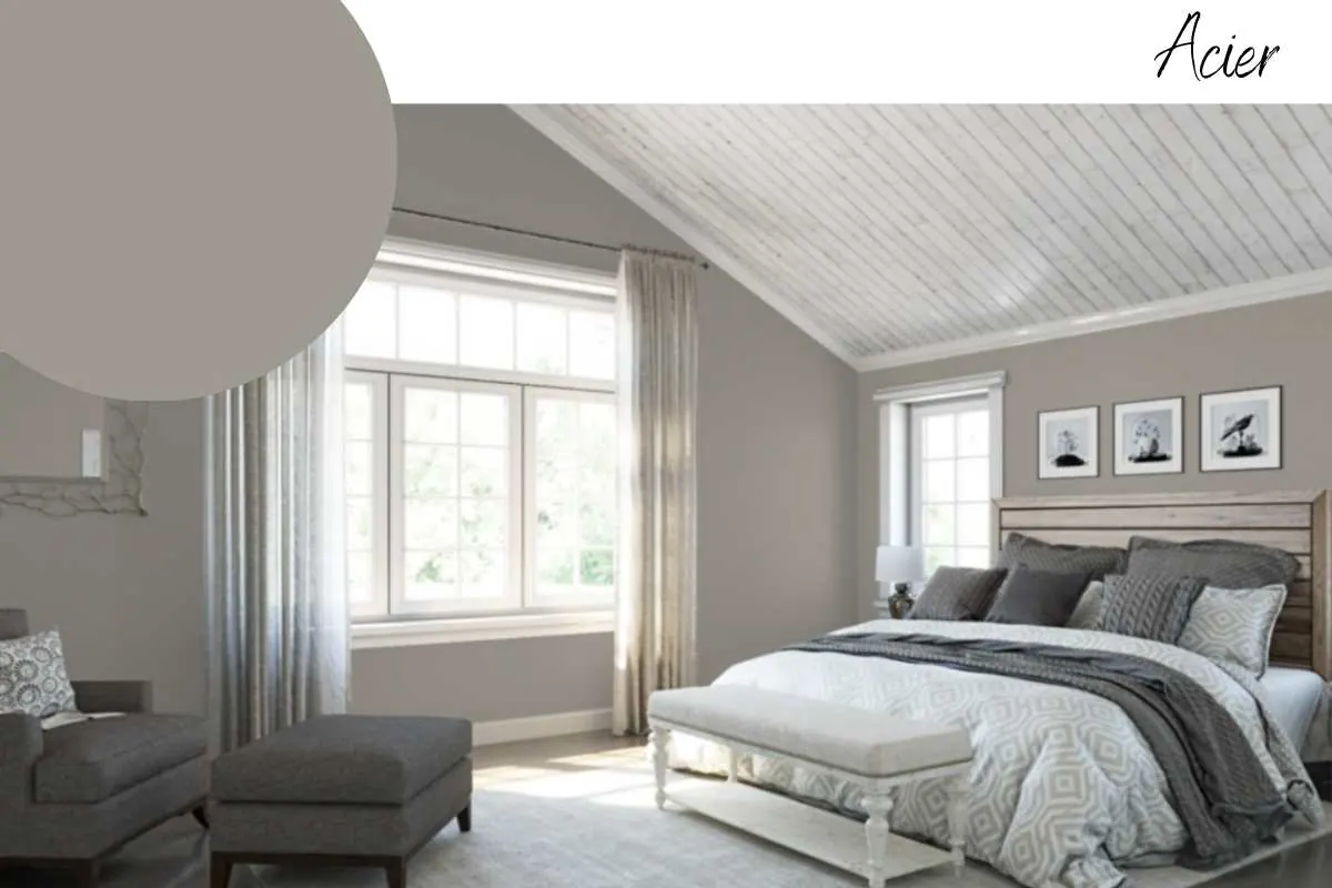 A living room painted in Acier SW 9170, a warm gray with a slight red undertone