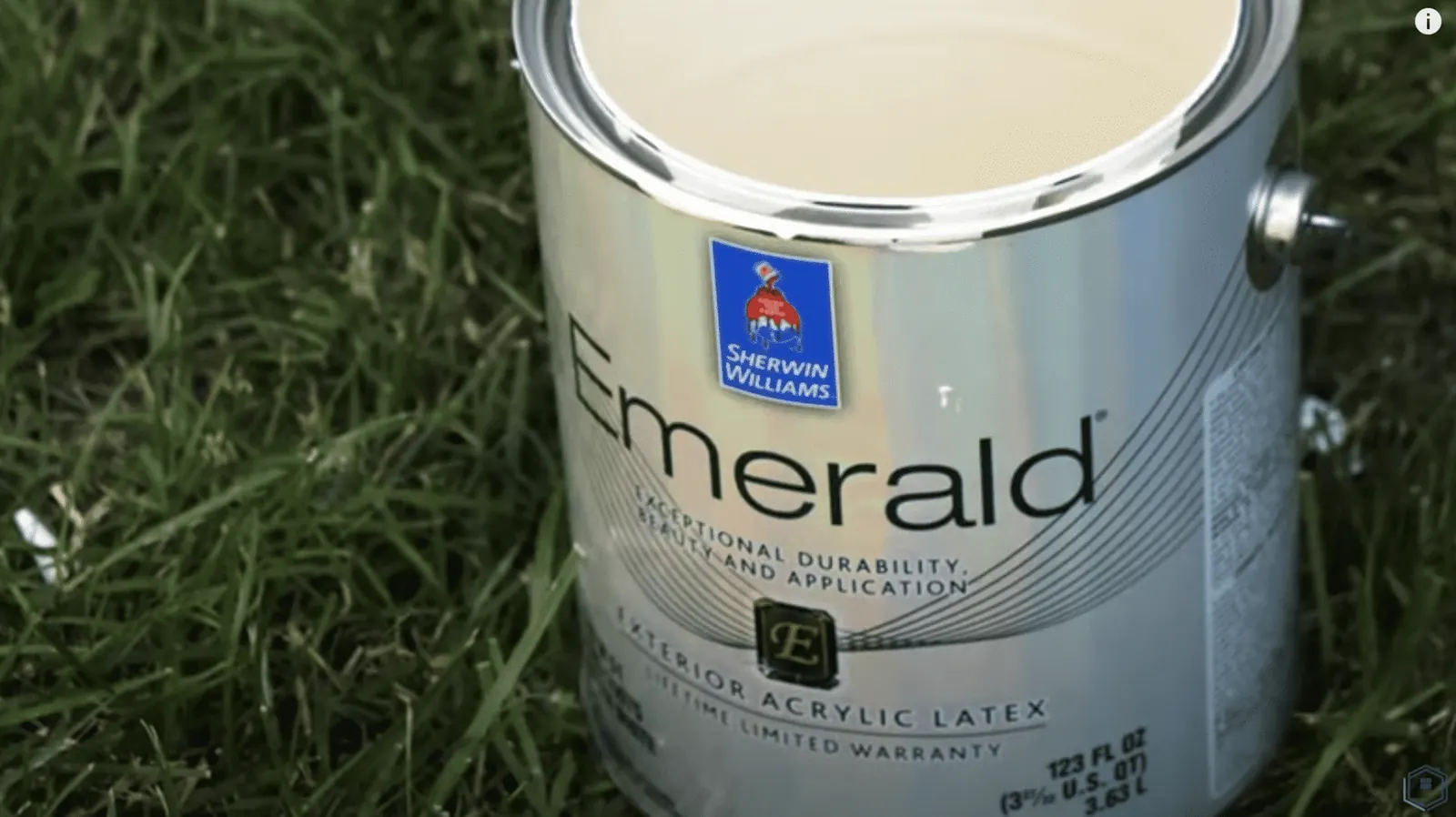 A can of Sherwin Williams Emerald exterior acrylic latex paint
