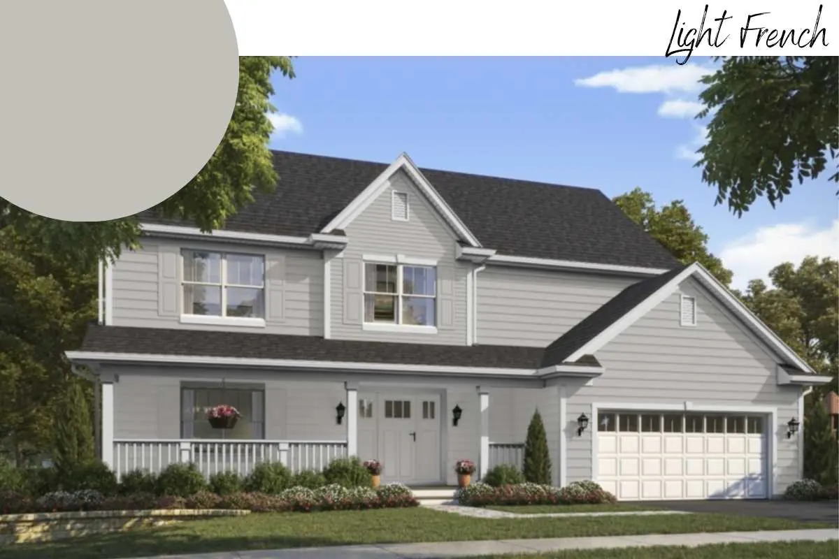 A home exterior painted in Light French Gray SW 0055, a balanced light gray
