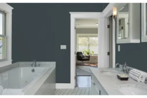 A bathroom visualised with Mount Etna deep red walls