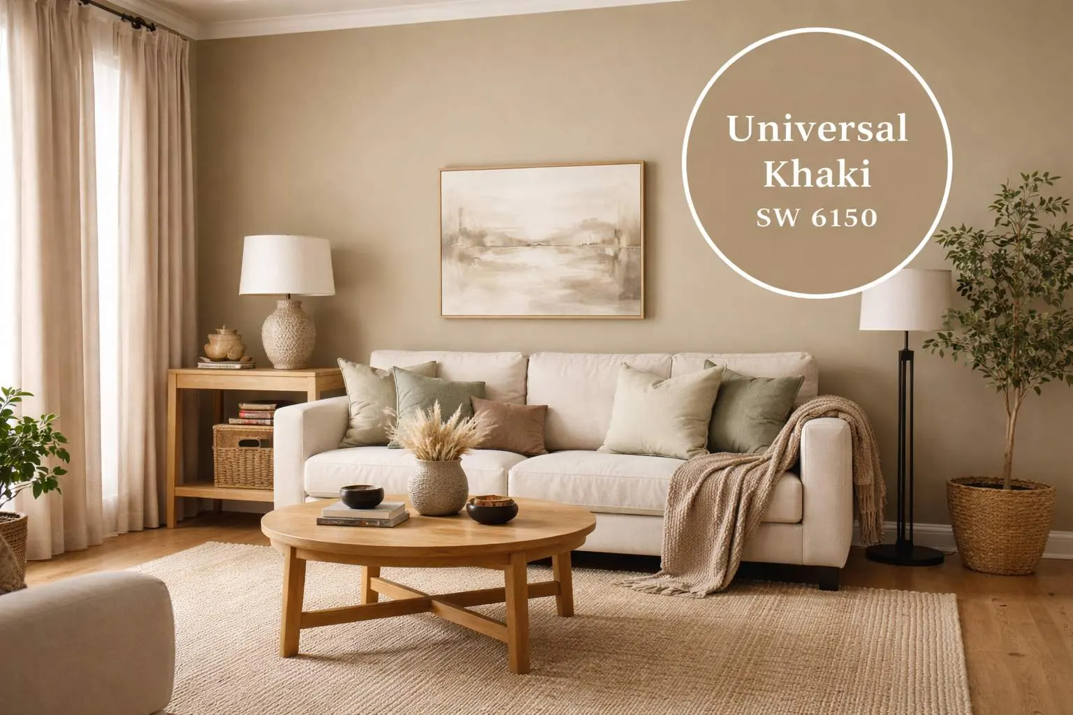 A living room painted in Sherwin Williams Universal Khaki SW 6150